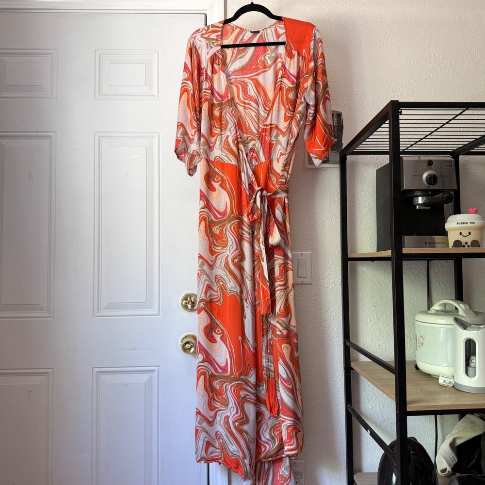 ZINGARA Orange pink tan cream swirl‎ print short sleeve midi maxi wrap dress